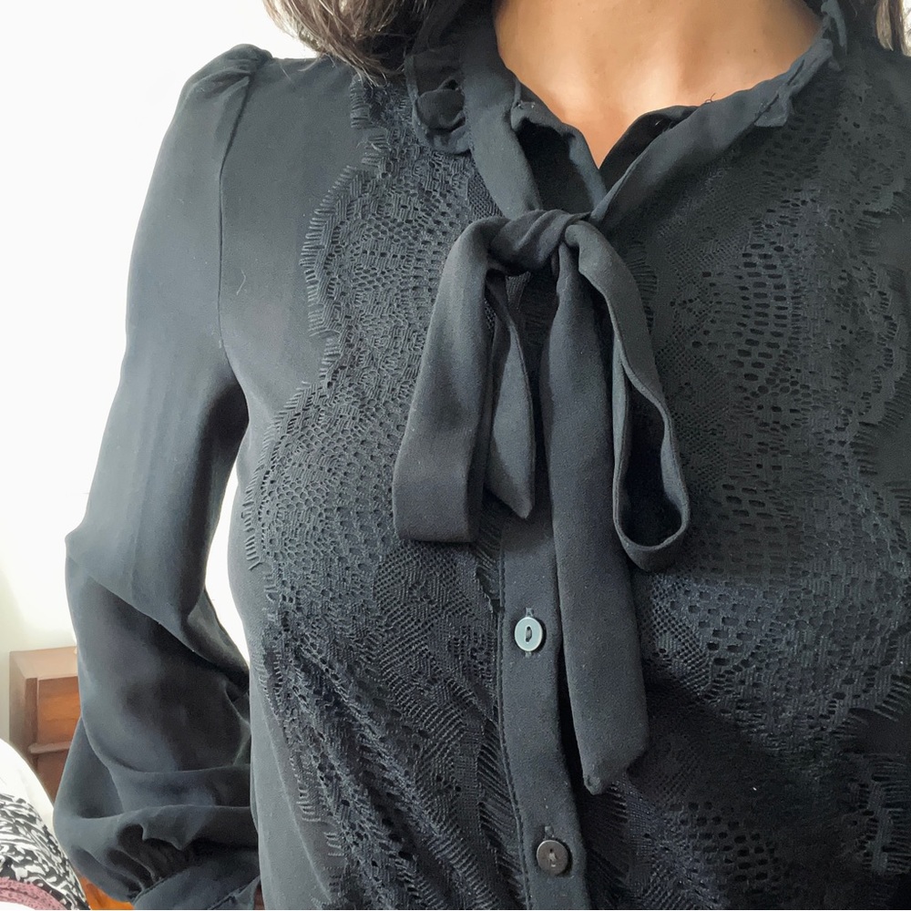 Black chiffon long sleeve blouse with lace and neck tie